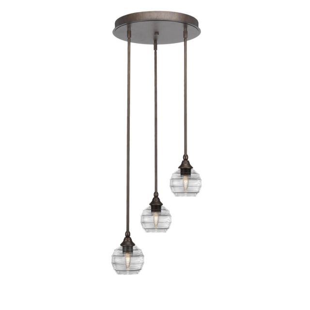 Toltec Lighting Empire 3 Light 15 inch Cluster Pendalier in Bronze with Clear Ribbed Glass 2143-BRZ-5110