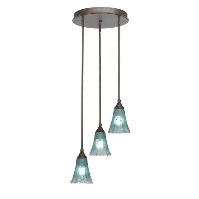 Toltec Lighting Empire 3 Light 15 inch Cluster Pendalier in Bronze with Teal Crystal Glass 2143-BRZ-725