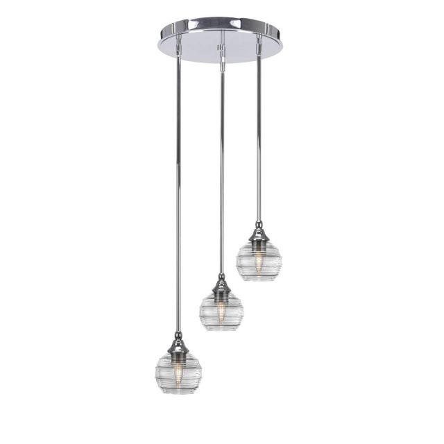 Toltec Lighting Empire 3 Light 15 inch Cluster Pendalier in Chrome with Clear Ribbed Glass 2143-CH-5110