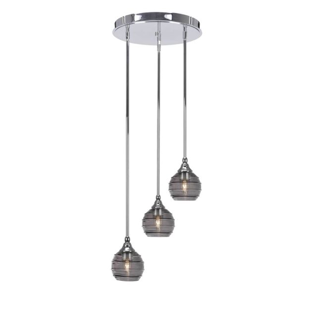 Toltec Lighting Empire 3 Light 15 inch Cluster Pendalier in Chrome with Smoke Ribbed Glass 2143-CH-5112