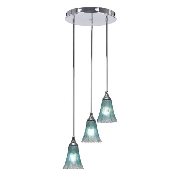 Toltec Lighting Empire 3 Light 15 inch Cluster Pendalier in Chrome with Teal Crystal Glass 2143-CH-725