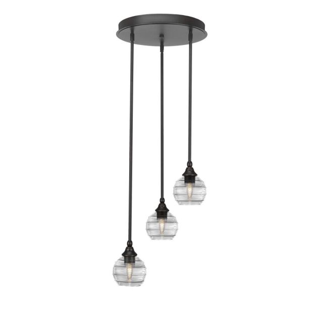 Toltec Lighting Empire 3 Light 15 inch Cluster Pendalier in Dark Granite with Clear Ribbed Glass 2143-DG-5110