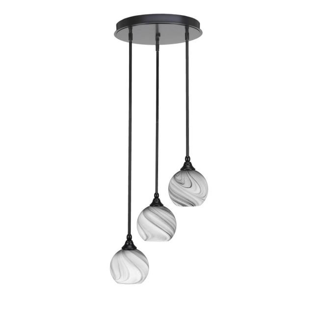 Toltec Lighting Empire 3 Light 15 inch Cluster Pendalier in Matte Black with Onyx Swirl Glass 2143-MB-4109