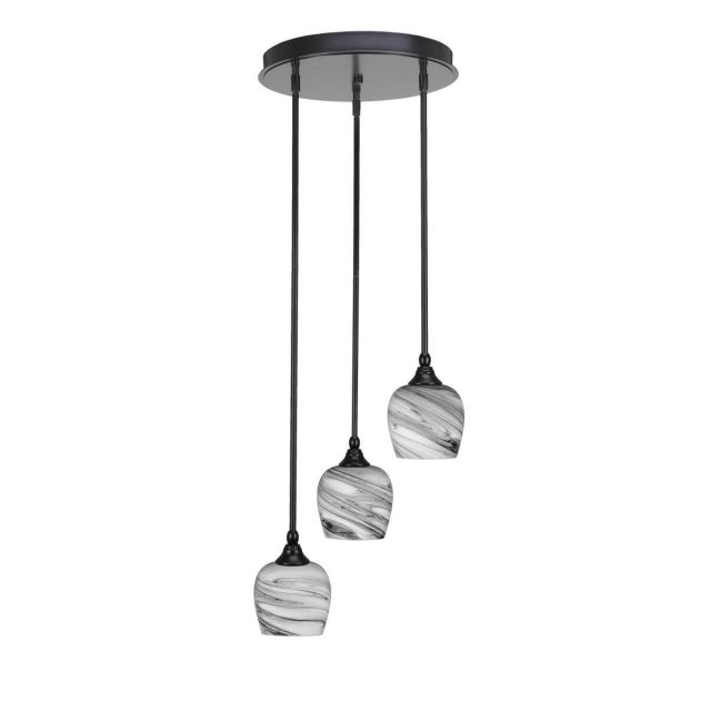 Toltec Lighting Empire 3 Light 15 inch Cluster Pendalier in Matte Black with Onyx Swirl Glass 2143-MB-4819