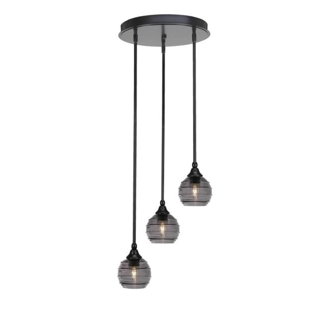 Toltec Lighting Empire 3 Light 15 inch Cluster Pendalier in Matte Black with Smoke Ribbed Glass 2143-MB-5112