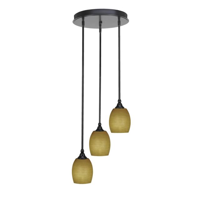 Toltec Lighting Empire 3 Light 14 inch Cluster Pendalier in Matte Black with Cayenne Linen Glass 2143-MB-625