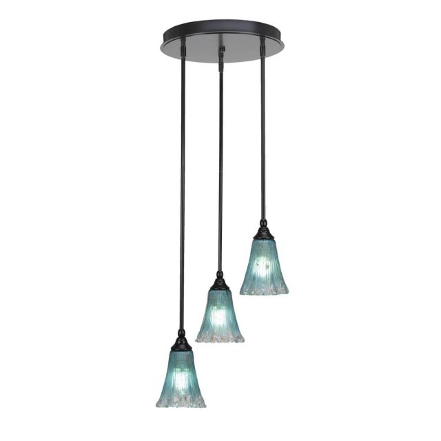 Toltec Lighting Empire 3 Light 15 inch Cluster Pendalier in Matte Black with Teal Crystal Glass 2143-MB-725