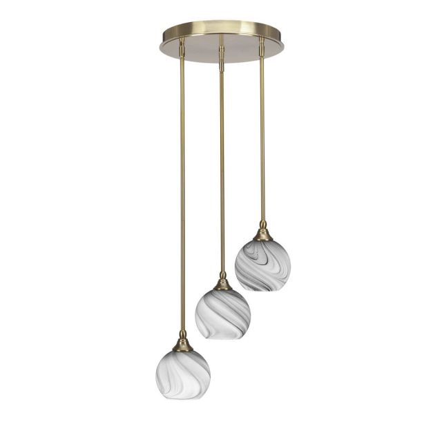Toltec Lighting Empire 3 Light 15 inch Cluster Pendalier in New Age Brass with Onyx Swirl Glass 2143-NAB-4109