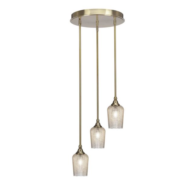 Toltec Lighting Empire 3 Light 15 inch Cluster Pendalier in New Age Brass with Silver Textured Glass 2143-NAB-4253