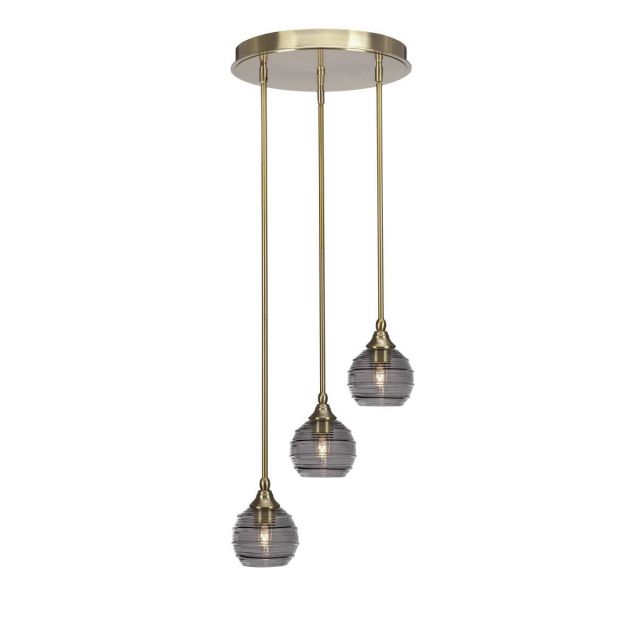 Toltec Lighting Empire 3 Light 15 inch Cluster Pendalier in New Age Brass with Smoke Ribbed Glass 2143-NAB-5112