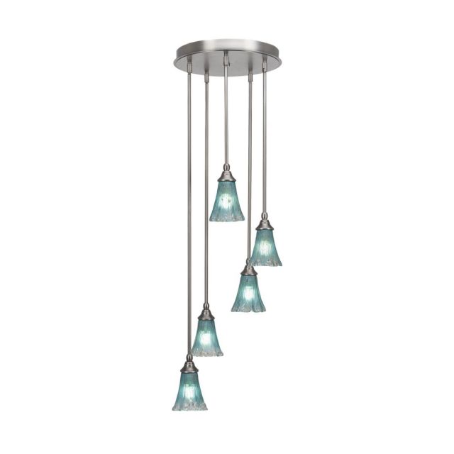 Toltec Lighting Empire 5 Light 15 inch Cluster Pendalier in Brushed Nickel with Fluted Teal Crystal Glass 2145-BN-725