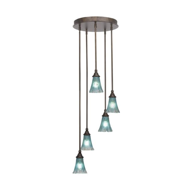 Toltec Lighting Empire 5 Light 15 inch Cluster Pendalier in Bronze with Fluted Teal Crystal Glass 2145-BRZ-725