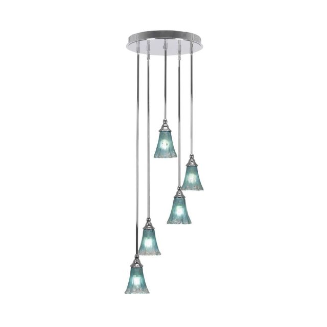 Toltec Lighting Empire 5 Light 15 inch Cluster Pendalier in Chrome with Fluted Teal Crystal Glass 2145-CH-725