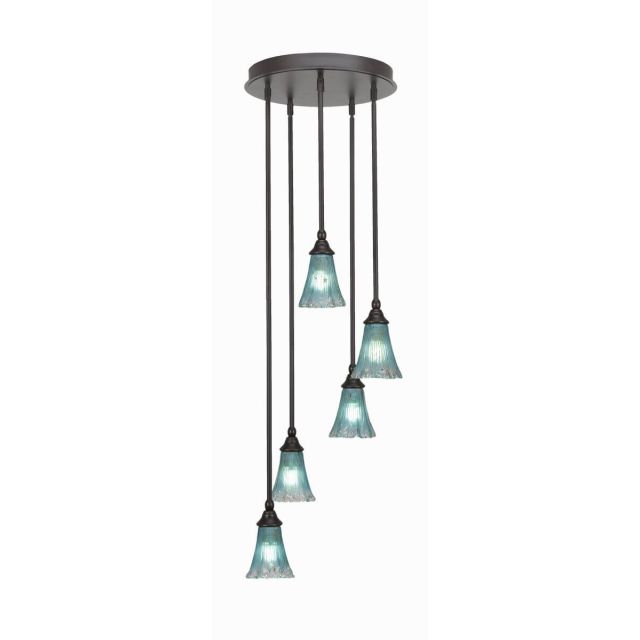 Toltec Lighting Empire 5 Light 15 inch Cluster Pendalier in Dark Granite with Fluted Teal Crystal Glass 2145-DG-725