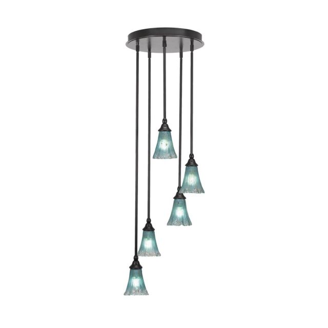 Toltec Lighting Empire 5 Light 15 inch Cluster Pendalier in Espresso with Fluted Teal Crystal Glass 2145-ES-725