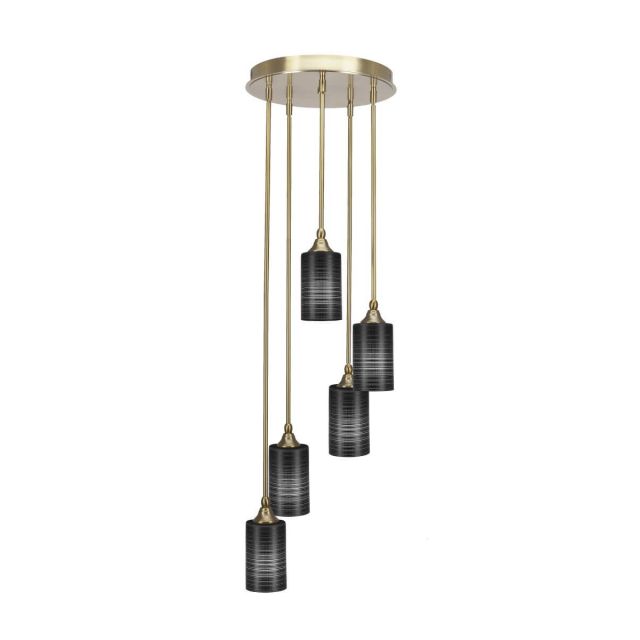 Toltec Lighting Empire 5 Light 14 inch Cluster Pendalier in New Age Brass with Black Matrix Glass 2145-NAB-4069