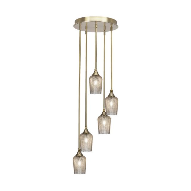 Toltec Lighting Empire 5 Light 15 inch Cluster Pendalier in New Age Brass with Silver Textured Glass 2145-NAB-4253