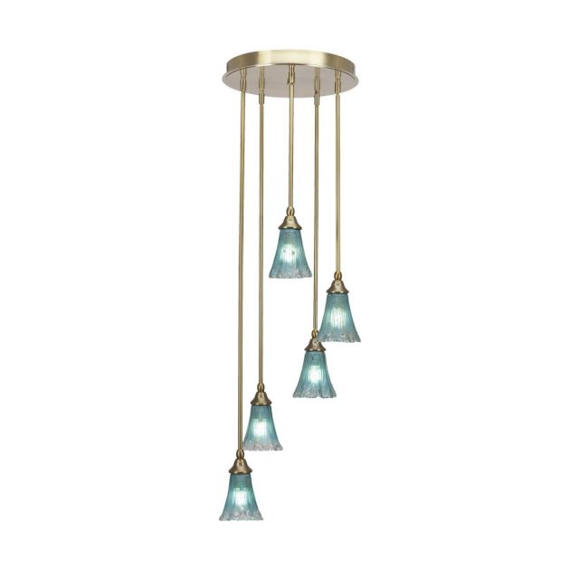 Toltec Lighting Empire 5 Light 15 inch Cluster Pendalier in New Age Brass with Fluted Teal Crystal Glass 2145-NAB-725