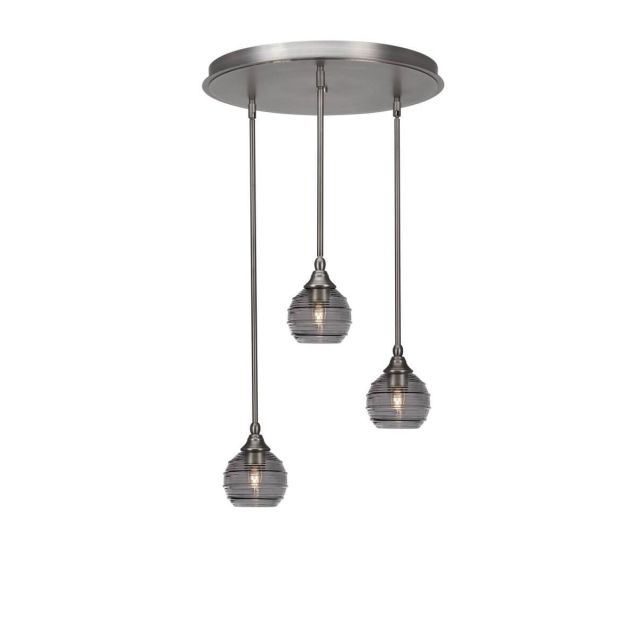 Toltec Lighting Empire 3 Light 19 inch Cluster Pendalier in Brushed Nickel with Smoke Ribbed Glass 2183-BN-5112