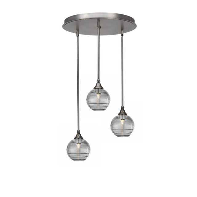 Toltec Lighting Empire 3 Light 18 inch Cluster Pendalier in Brushed Nickel with Clear Ribbed Glass 2183-BN-5120