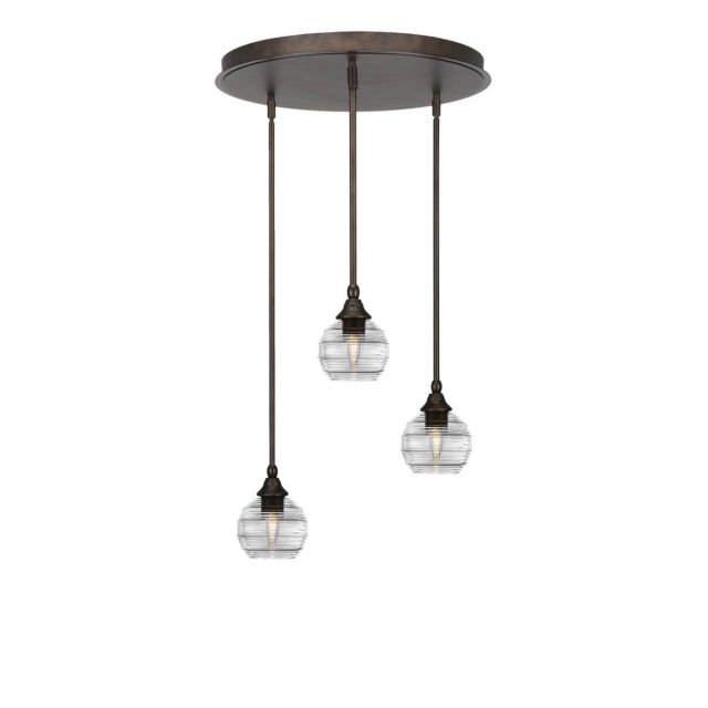 Toltec Lighting Empire 3 Light 19 inch Cluster Pendalier in Bronze with Clear Ribbed Glass 2183-BRZ-5110