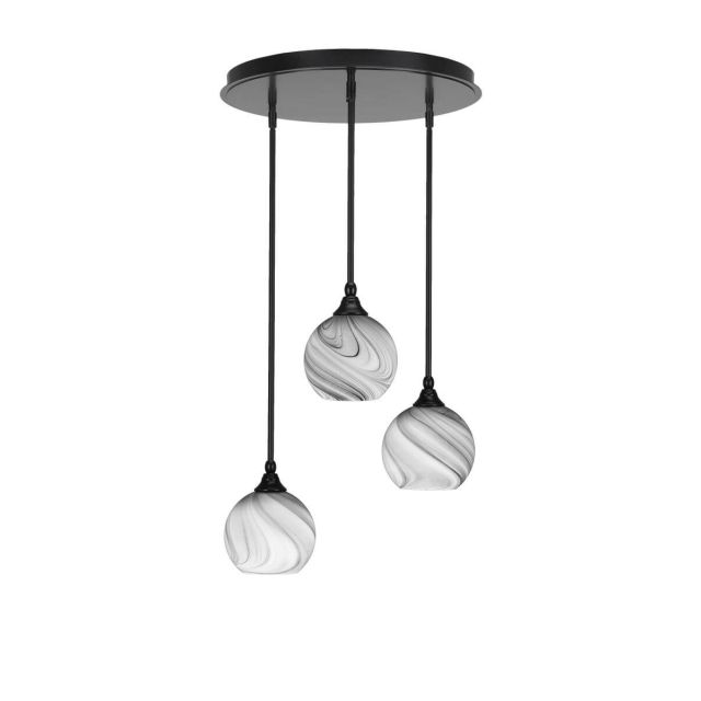Toltec Lighting Empire 3 Light 19 inch Cluster Pendalier in Matte Black with Onyx Swirl Glass 2183-MB-4109