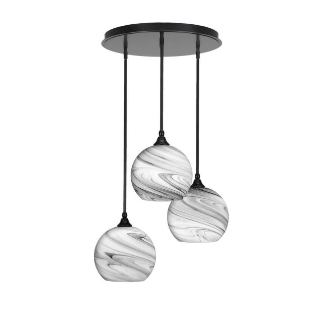 Toltec Lighting Empire 3 Light 18 inch Cluster Pendalier in Matte Black with Onyx Swirl Glass 2183-MB-4359
