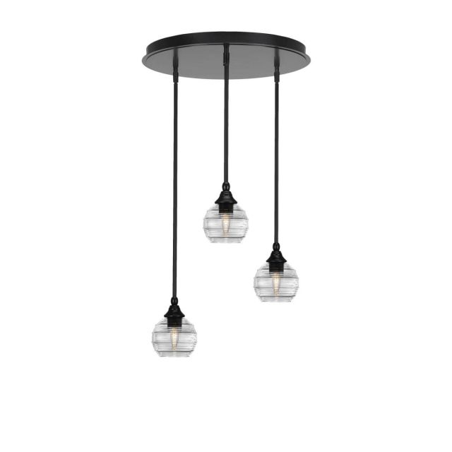 Toltec Lighting Empire 3 Light 19 inch Cluster Pendalier in Matte Black with Clear Ribbed Glass 2183-MB-5110
