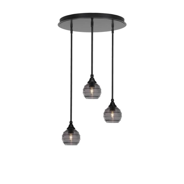 Toltec Lighting Empire 3 Light 19 inch Cluster Pendalier in Matte Black with Smoke Ribbed Glass 2183-MB-5112