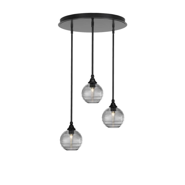 Toltec Lighting Empire 3 Light 18 inch Cluster Pendalier in Matte Black with Clear Ribbed Glass 2183-MB-5120