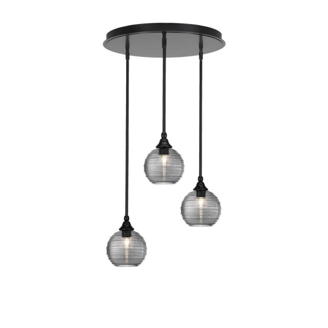 Toltec Lighting Empire 3 Light 18 inch Cluster Pendalier in Matte Black with Smoke Ribbed Glass 2183-MB-5122