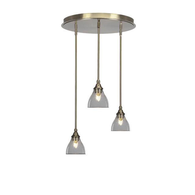 Toltec Lighting Empire 3 Light 19 inch Cluster Pendalier in New Age Brass with Clear Bubble Glass 2183-NAB-4760