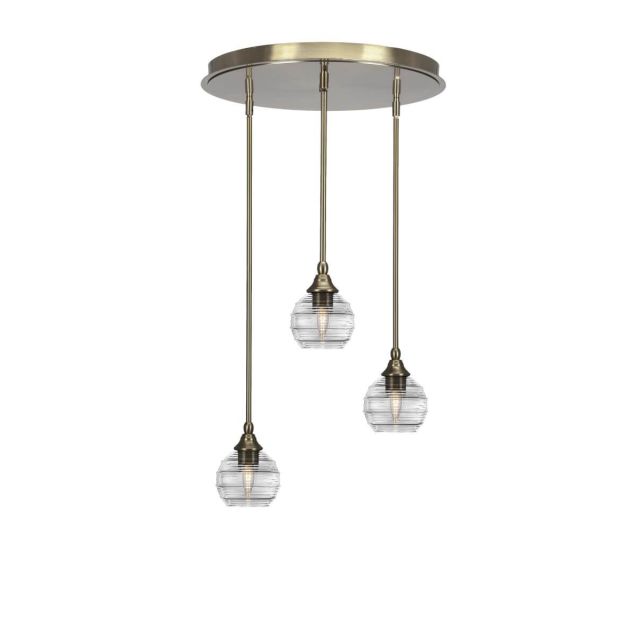 Toltec Lighting Empire 3 Light 19 inch Cluster Pendalier in New Age Brass with Clear Ribbed Glass 2183-NAB-5110