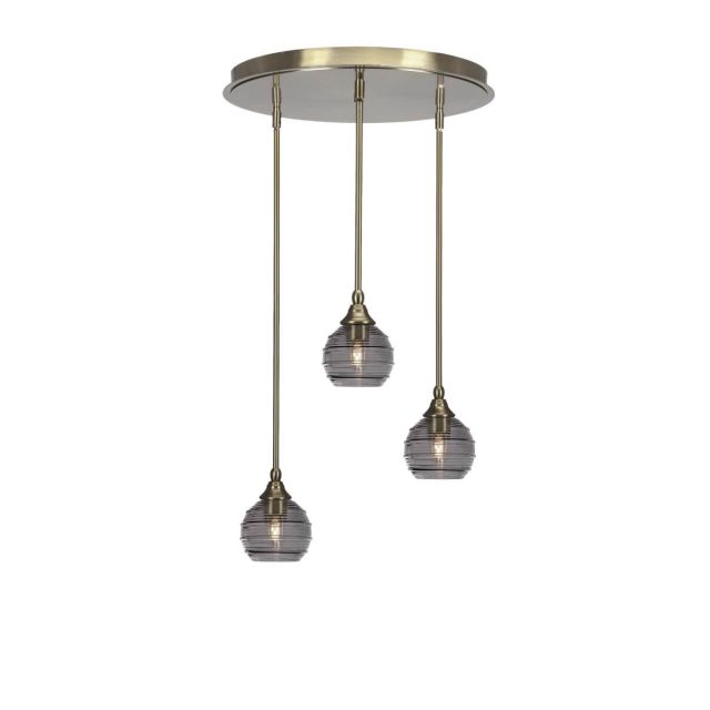 Toltec Lighting Empire 3 Light 19 inch Cluster Pendalier in New Age Brass with Smoke Ribbed Glass 2183-NAB-5112