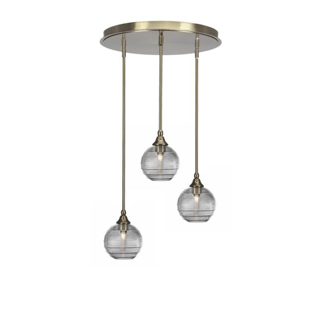 Toltec Lighting Empire 3 Light 18 inch Cluster Pendalier in New Age Brass with Clear Ribbed Glass 2183-NAB-5120