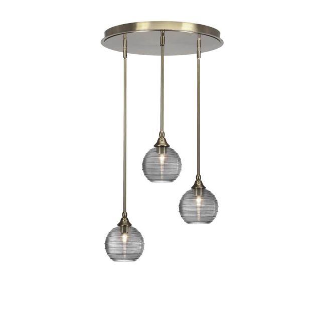 Toltec Lighting Empire 3 Light 18 inch Cluster Pendalier in New Age Brass with Smoke Ribbed Glass 2183-NAB-5122