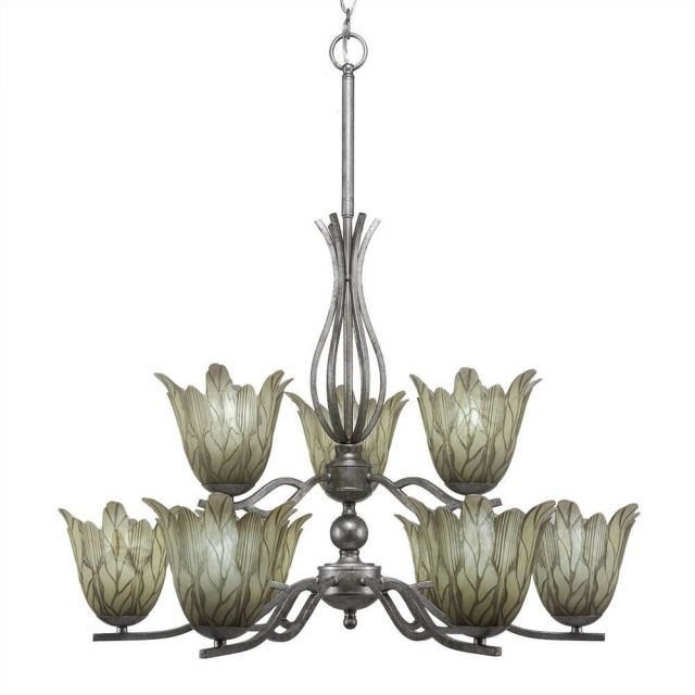 Toltec Lighting 249-AS-1025 Revo 9 Light 20 inch Chandelier in Aged Silver with 7 inch Vanilla Leaf Glass