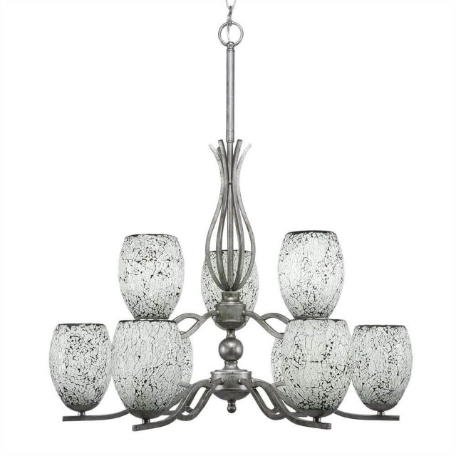 Toltec Lighting 249-AS-4165 Revo 9 Light 16 inch Chandelier in Aged Silver with 5 inch Black Fusion Glass