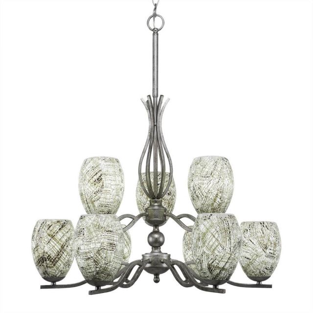 Toltec Lighting 249-AS-5054 Revo 9 Light 16 inch Chandelier in Aged Silver with 5 inch Natural Fusion Glass