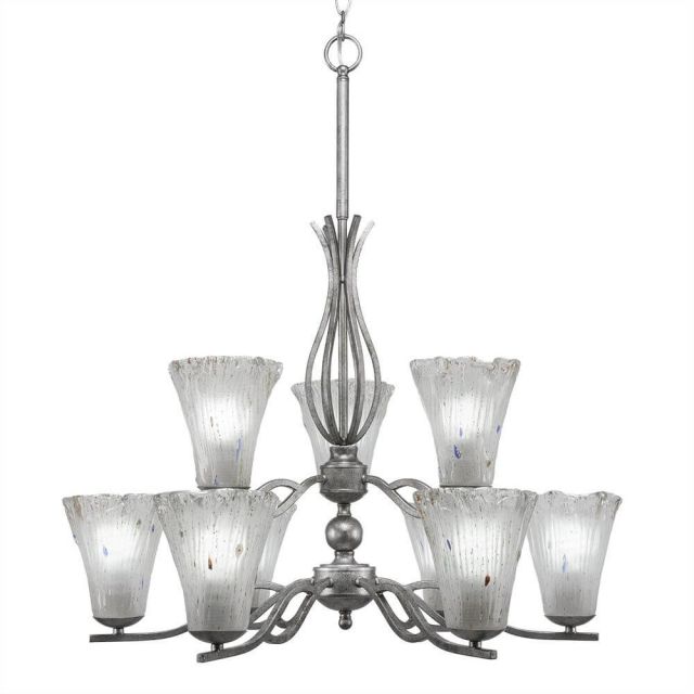 Toltec Lighting 249-AS-721 Revo 9 Light 16 inch Chandelier in Aged Silver with 5.5 inch Fluted Frosted Crystal Glass