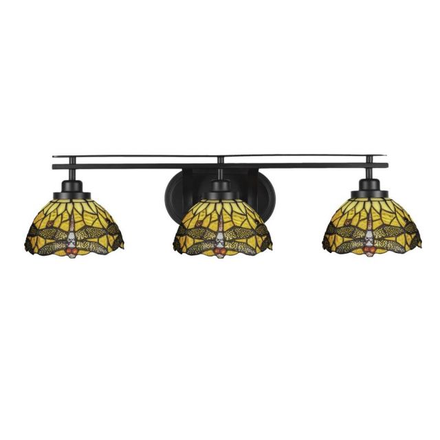 Toltec Lighting Odyssey 3 Light 29 inch Bath Bar in Matte Black with Amber Dragonfly Art Glass 2613-MB-9465