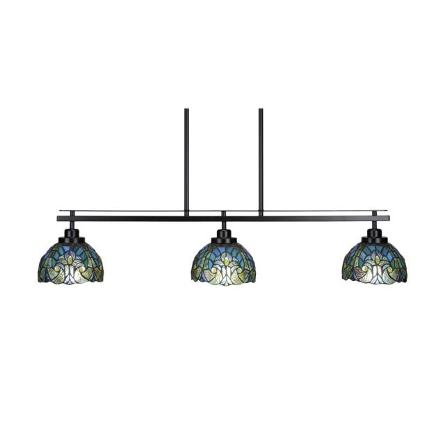 Toltec Lighting 2636-MB-9925 Odyssey 3 Light 39 inch Island Light in Matte Black with Turquoise Cypress Art Glass
