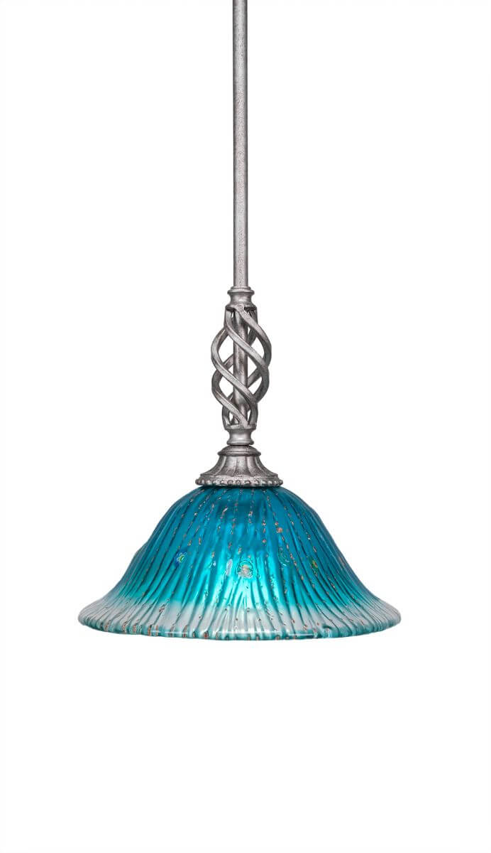 Toltec Lighting 80-AS-438 Elegante 1 Light 10 inch Mini Pendant in Aged Silver with 10 inch Teal Crystal Glass