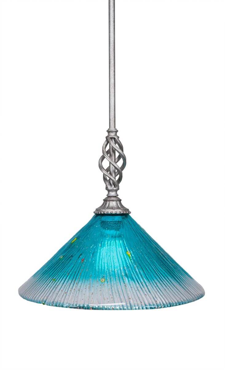 Toltec Lighting 80-AS-448 Elegante 1 Light 12 inch Mini Pendant in Aged Silver with 12 inch Teal Crystal Glass