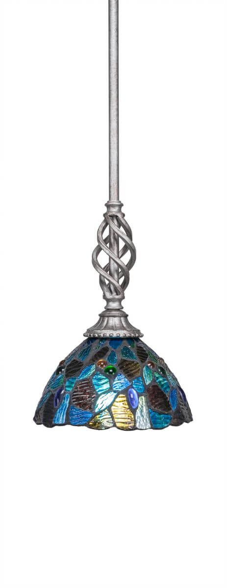 Toltec Lighting 80-AS-9955 Elegante 1 Light 7 inch Mini Pendant in Aged Silver with 7 inch Blue Mosaic Mini Art Glass
