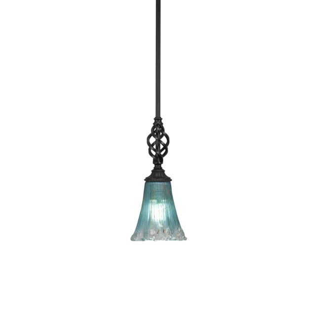 Toltec Lighting 80-MB-725 Elegante 1 Light 6 inch Mini Pendant in Matte Black with Fluted Teal Crystal Glass