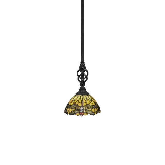 Toltec Lighting 80-MB-9465 Elegante 1 Light 7 inch Mini Pendant in Matte Black with Amber Dragonfly Art Glass