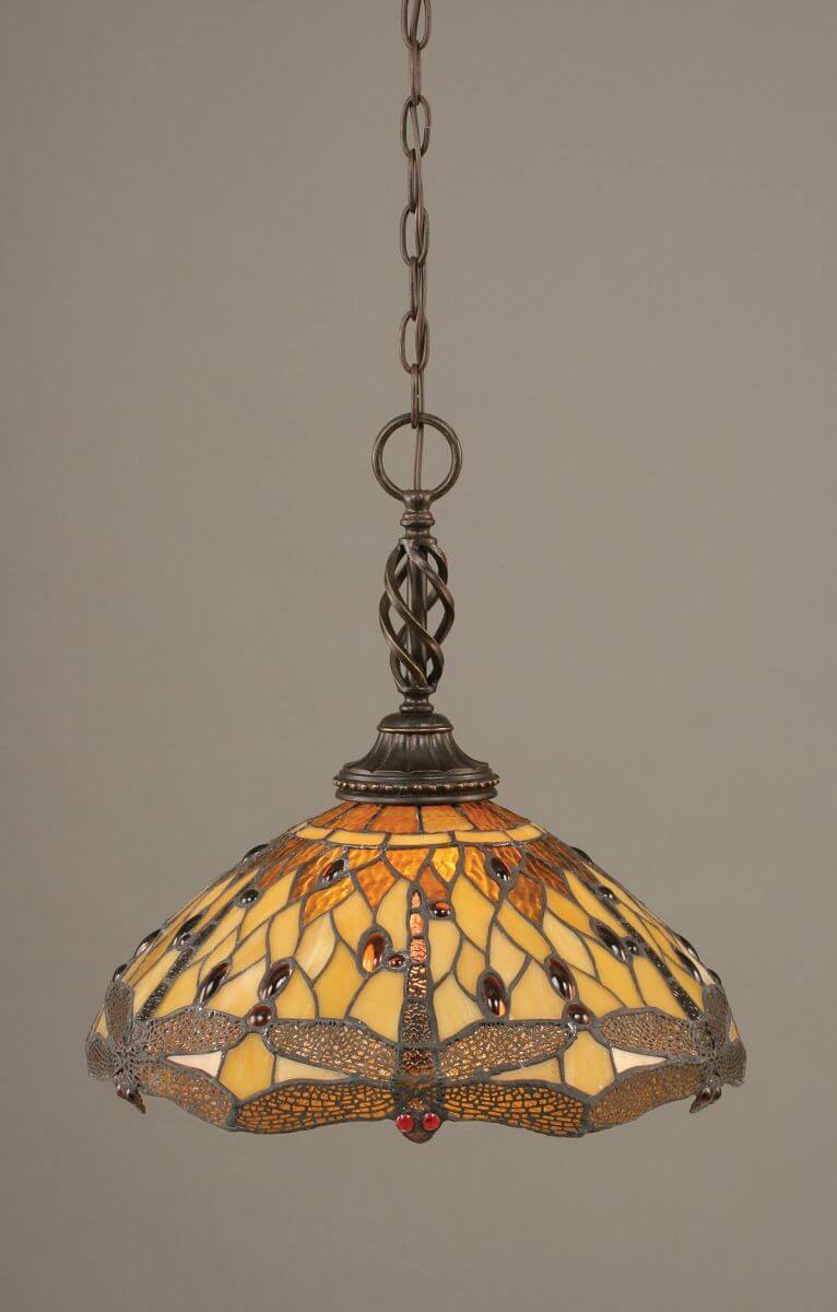 Toltec Lighting 82-DG-946 Elegante 1 Light 16 inch Pendant in Dark Granite with 16 inch Amber Dragonfly Art Glass
