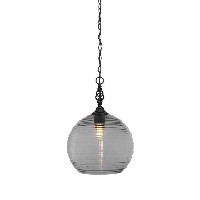 Toltec Lighting 82-MB-5130 Elegante 1 Light 12 inch Pendant in Matte Black with Clear Ribbed Glass