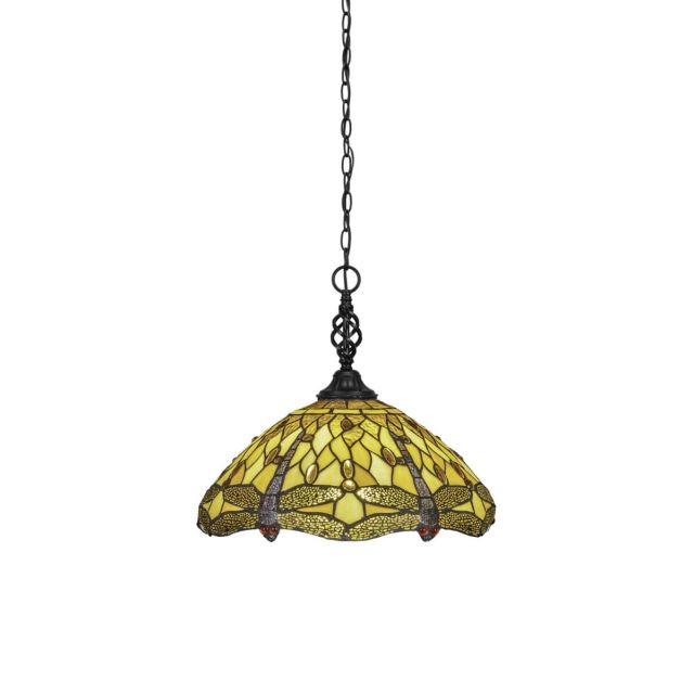 Toltec Lighting 82-MB-946 Elegante 1 Light 16 inch Pendant in Matte Black with Amber Dragonfly Art Glass